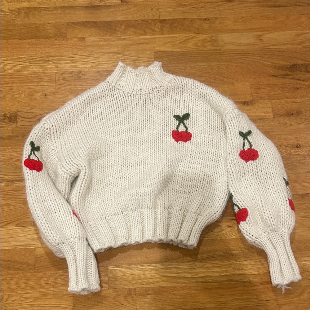 Forever 21 White Sweater with Cherry Accents